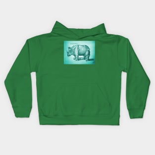 Teal Rhino Antique Engraving Kids Hoodie